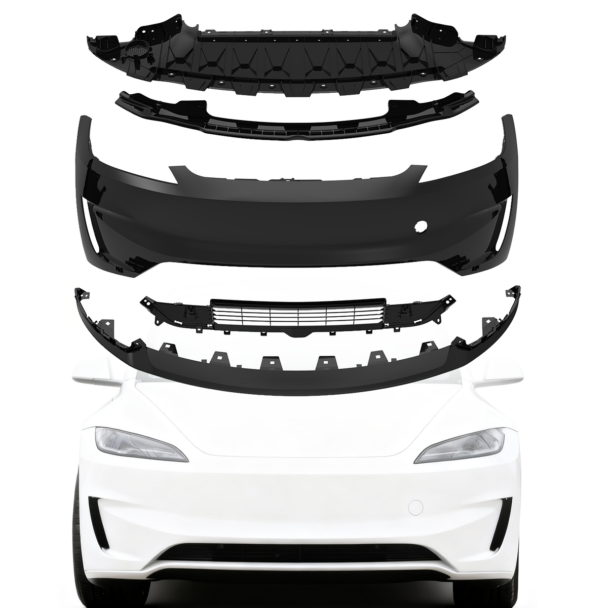 Front Bumper Cover Kit Compatible with Tesla Model 3 Highland / Lower grille, Front lip- Full Body Set
